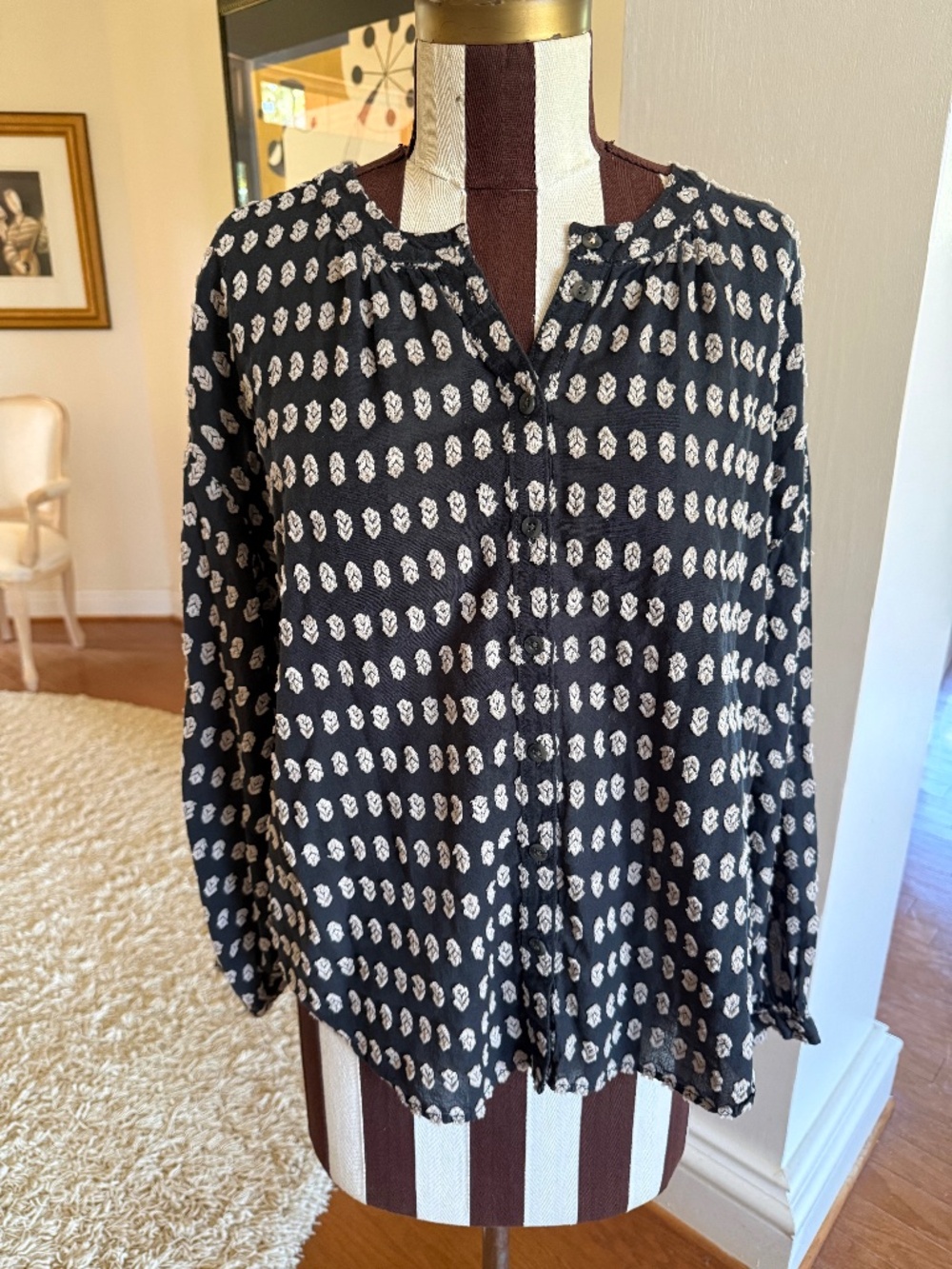 Anthropologie Pilcro Tavi Textured Button Down Blouse Women's Size M Blue Boho